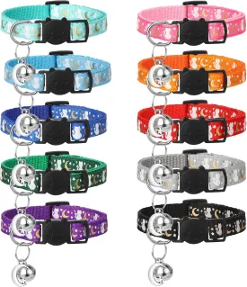 10Pcs Breakaway Cat Collars with Bell Star and Moon Cute Adjustable Kitten Collars with Pendant Glow in The Dark