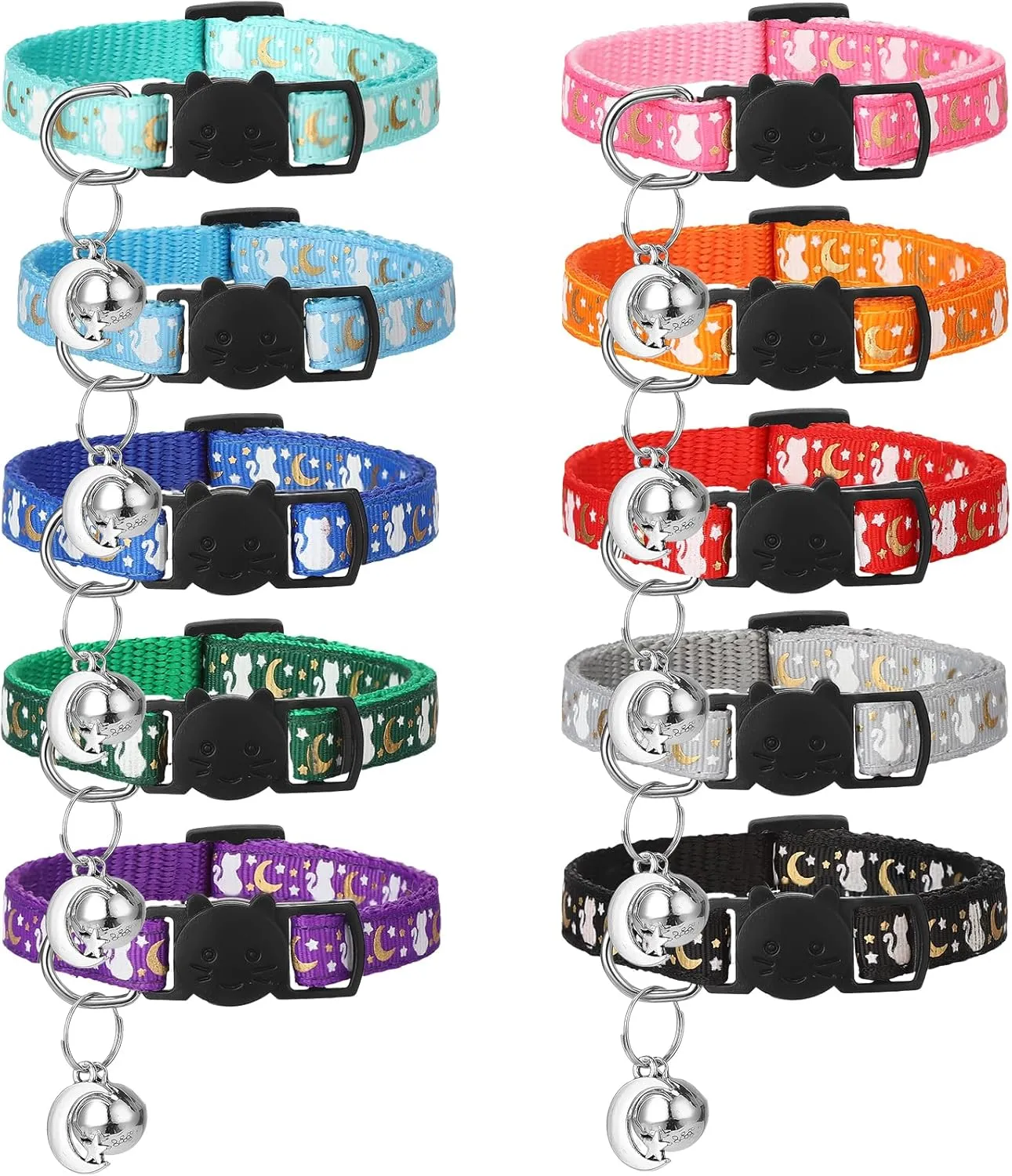10Pcs Breakaway Cat Collars with Bell Star and Moon Cute Adjustable Kitten Collars with Pendant Glow in The Dark