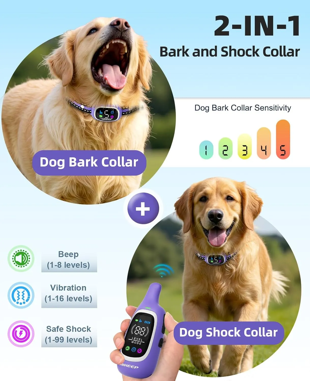 2-in-1 Dog Shock Collar and Bark Collar for Dogs  3300FT Dog Training Collar with Remote, IP67 Waterproof e Collar with Anti-Bark/Beep/Vibration/Shock Modes for Small Medium Large Dog(5-120Lbs)