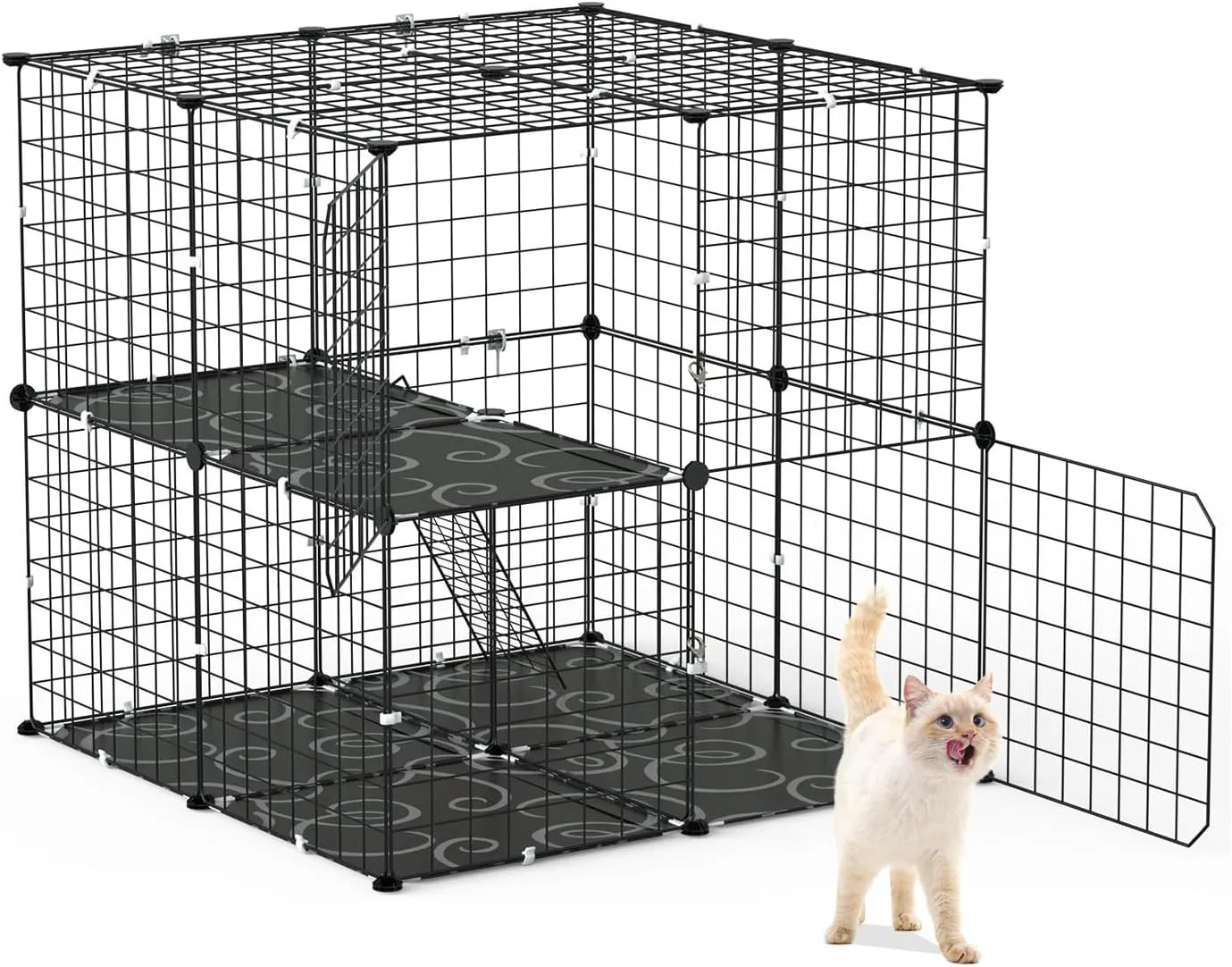 2-Tier Cat Cage with Ladder, Indoor Cat Playpen - Spacious Cat Crate for 1-2 Cats, Small Animal Cage for Ferrets, Rabbits & More - Easy to Assemble, Detachable & Easy to Clean