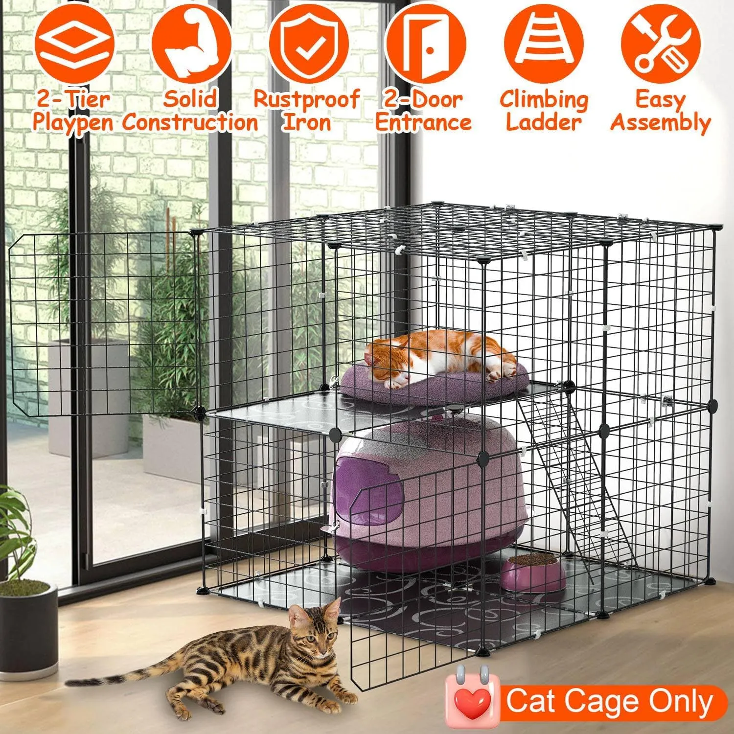 2-Tier Cat Cage with Ladder, Indoor Cat Playpen - Spacious Cat Crate for 1-2 Cats, Small Animal Cage for Ferrets, Rabbits & More - Easy to Assemble, Detachable & Easy to Clean