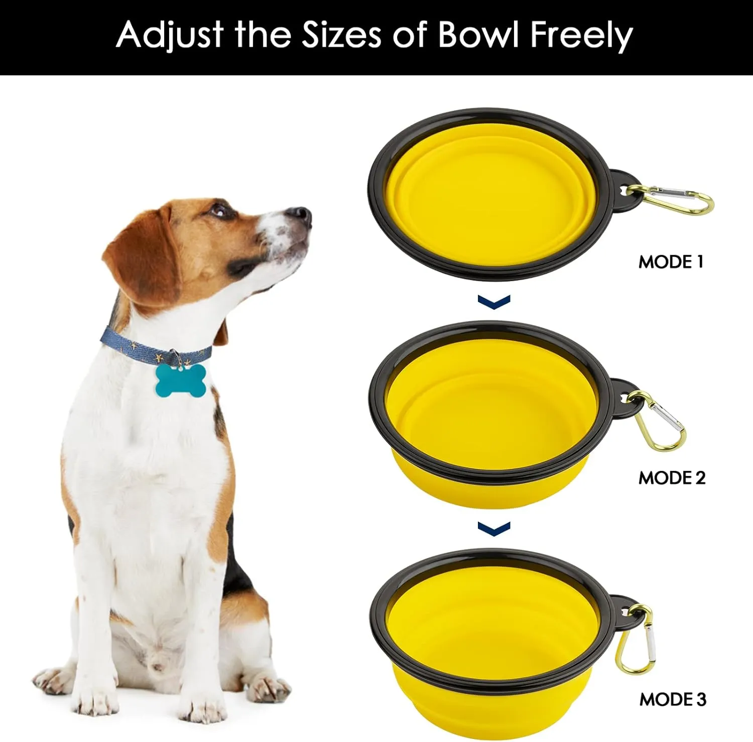 3 Collapsible Silicone Dog Bowl, Foldable Expandable Cup Dish for Small Pet Cat Food Water Feeding Portable Travel Bowl, Free Pet ID-Tag, Yellow Blue Black, S