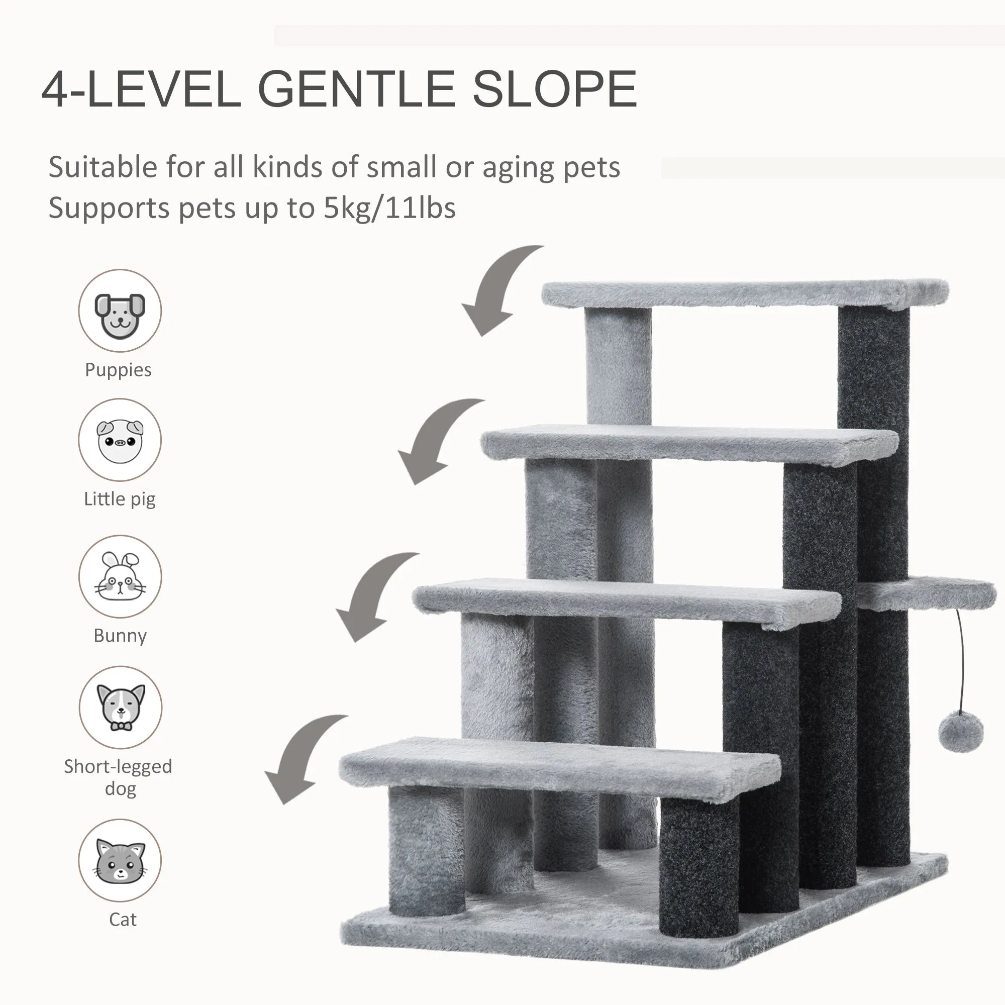 4-step Pet Stairs with Scratching Posts Platforms Toy Ball Grey