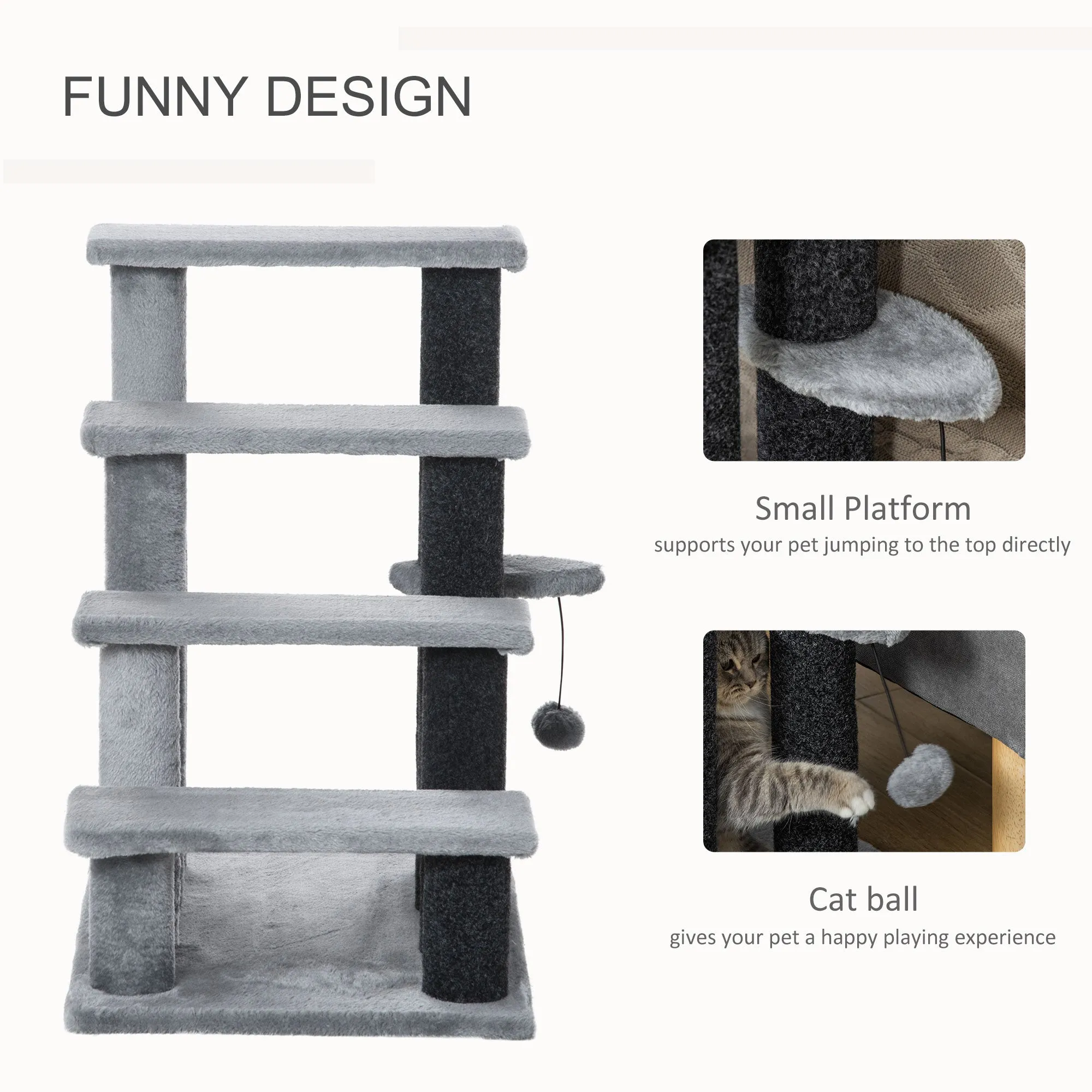 4-step Pet Stairs with Scratching Posts Platforms Toy Ball Grey