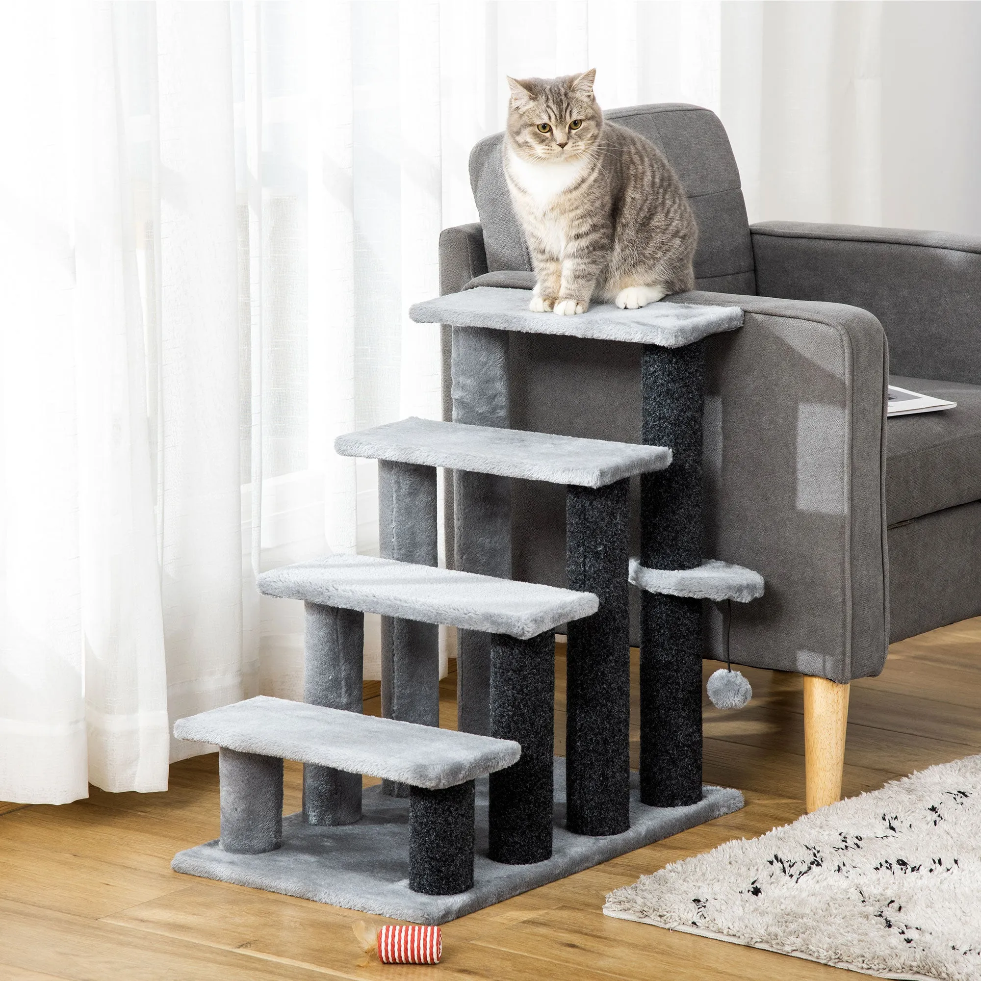 4-step Pet Stairs with Scratching Posts Platforms Toy Ball Grey