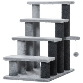 4-step Pet Stairs with Scratching Posts Platforms Toy Ball Grey