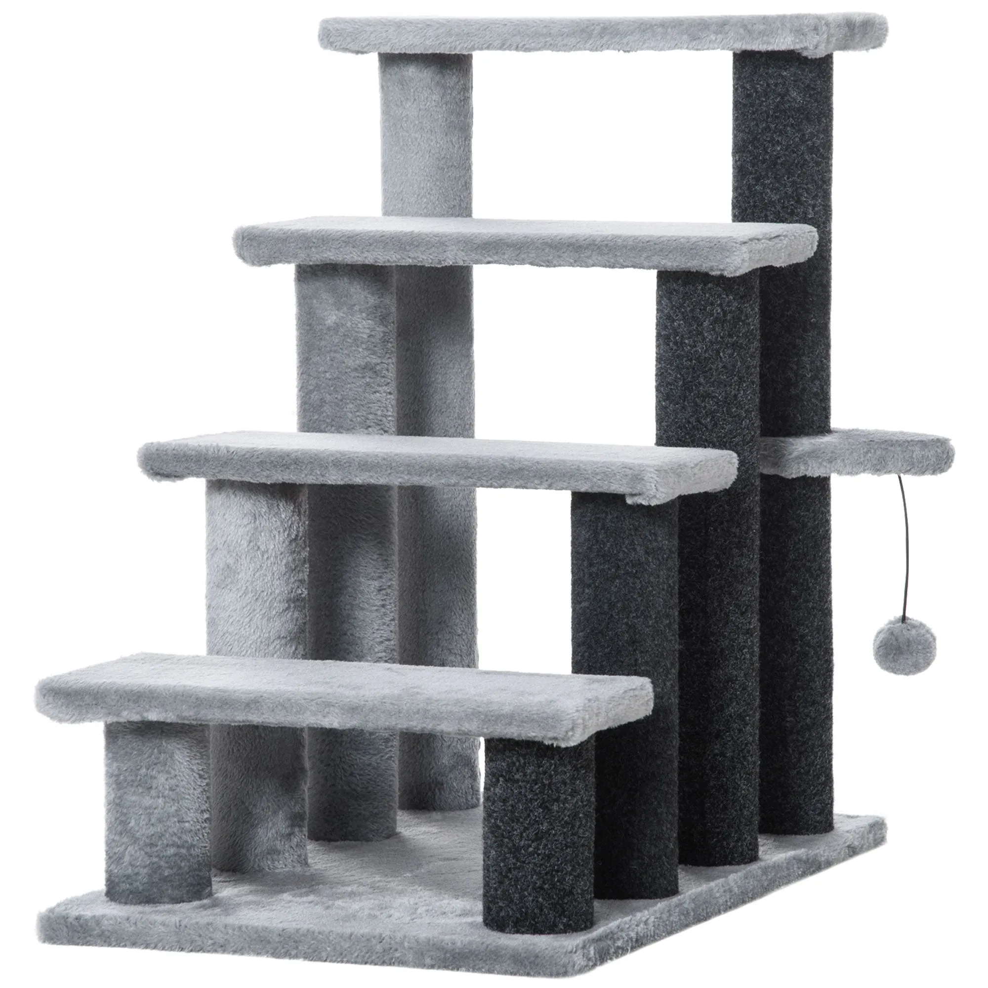 4-step Pet Stairs with Scratching Posts Platforms Toy Ball Grey