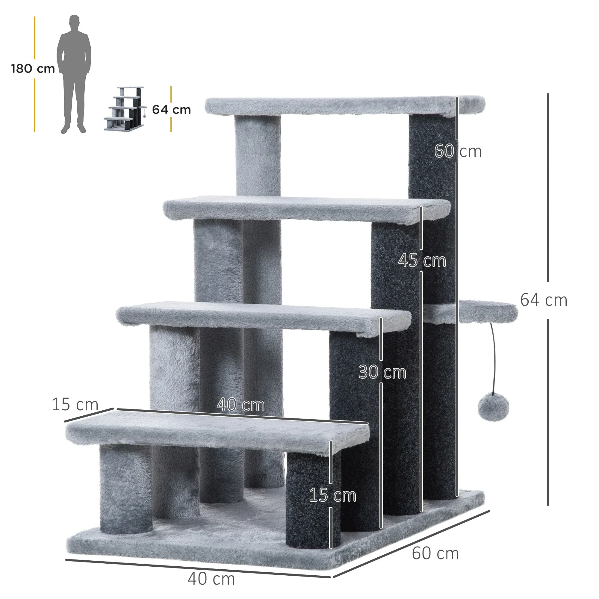 4-step Pet Stairs with Scratching Posts Platforms Toy Ball Grey