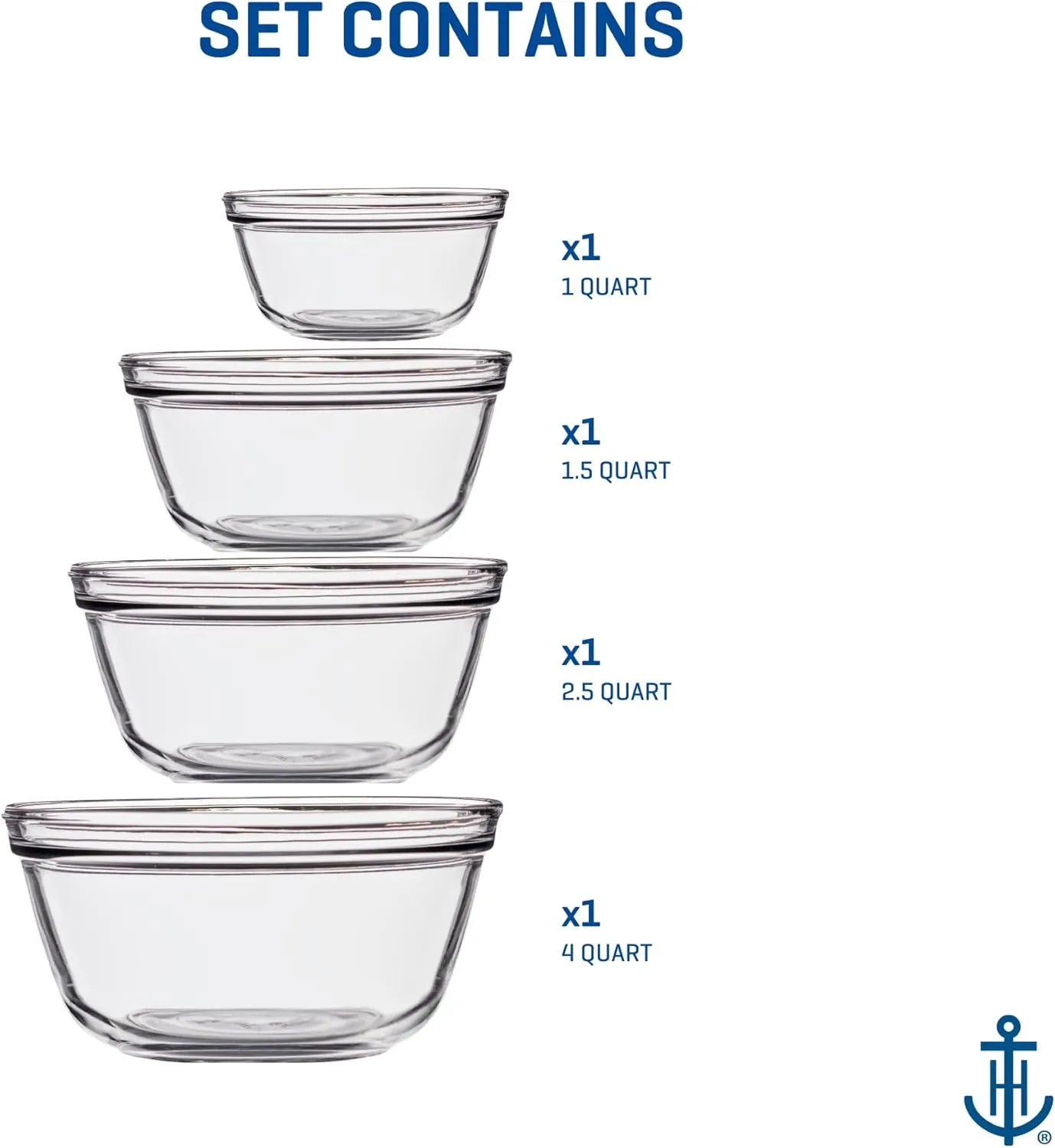 Anchor Hocking 4 Piece Glass Mixing Bowls Set  Durable, Microwave, Oven, and Dishwasher Safe  Perfect for Prep, Mixing, Serving, and Storage  Made in USA