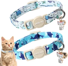 ARING PET 2 Pack Cat Collars-Cute Breakaway Cat Collar with Bell & Pendant, Adjustable Blue Whales&Dinosaur Pattern Kitten Collars with Safety Buckle for Girl and Boy Cats