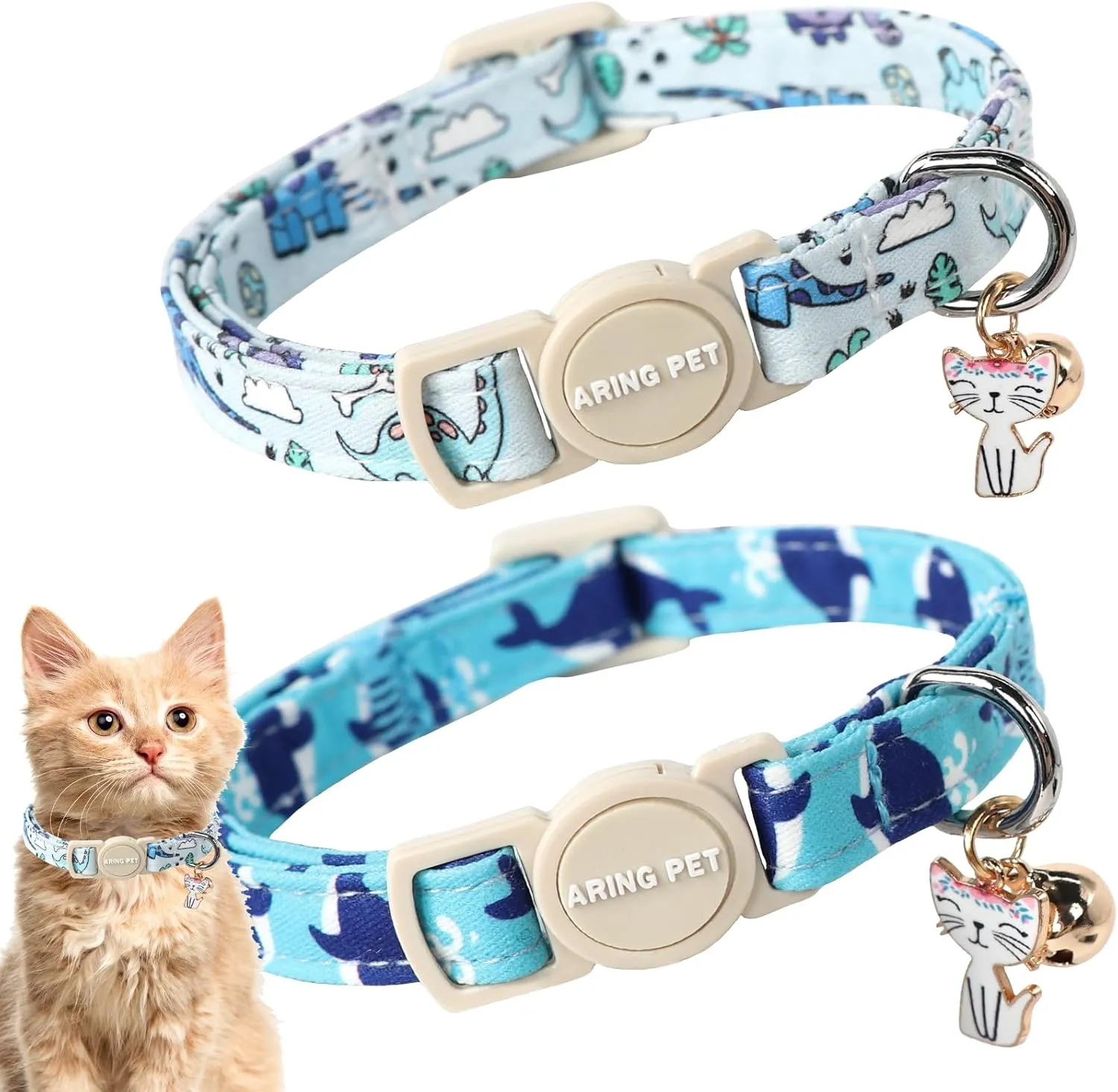 ARING PET 2 Pack Cat Collars-Cute Breakaway Cat Collar with Bell & Pendant, Adjustable Blue Whales&Dinosaur Pattern Kitten Collars with Safety Buckle for Girl and Boy Cats