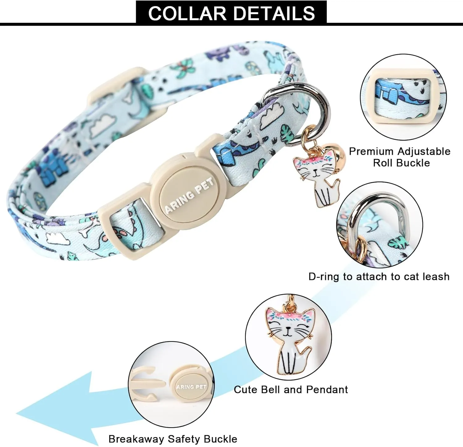 ARING PET 2 Pack Cat Collars-Cute Breakaway Cat Collar with Bell & Pendant, Adjustable Blue Whales&Dinosaur Pattern Kitten Collars with Safety Buckle for Girl and Boy Cats