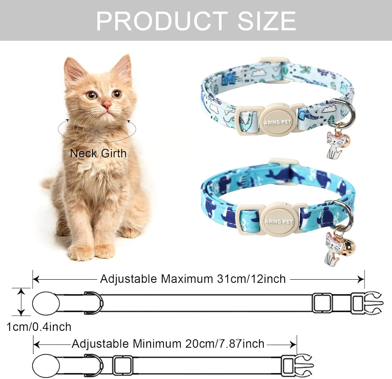 ARING PET 2 Pack Cat Collars-Cute Breakaway Cat Collar with Bell & Pendant, Adjustable Blue Whales&Dinosaur Pattern Kitten Collars with Safety Buckle for Girl and Boy Cats
