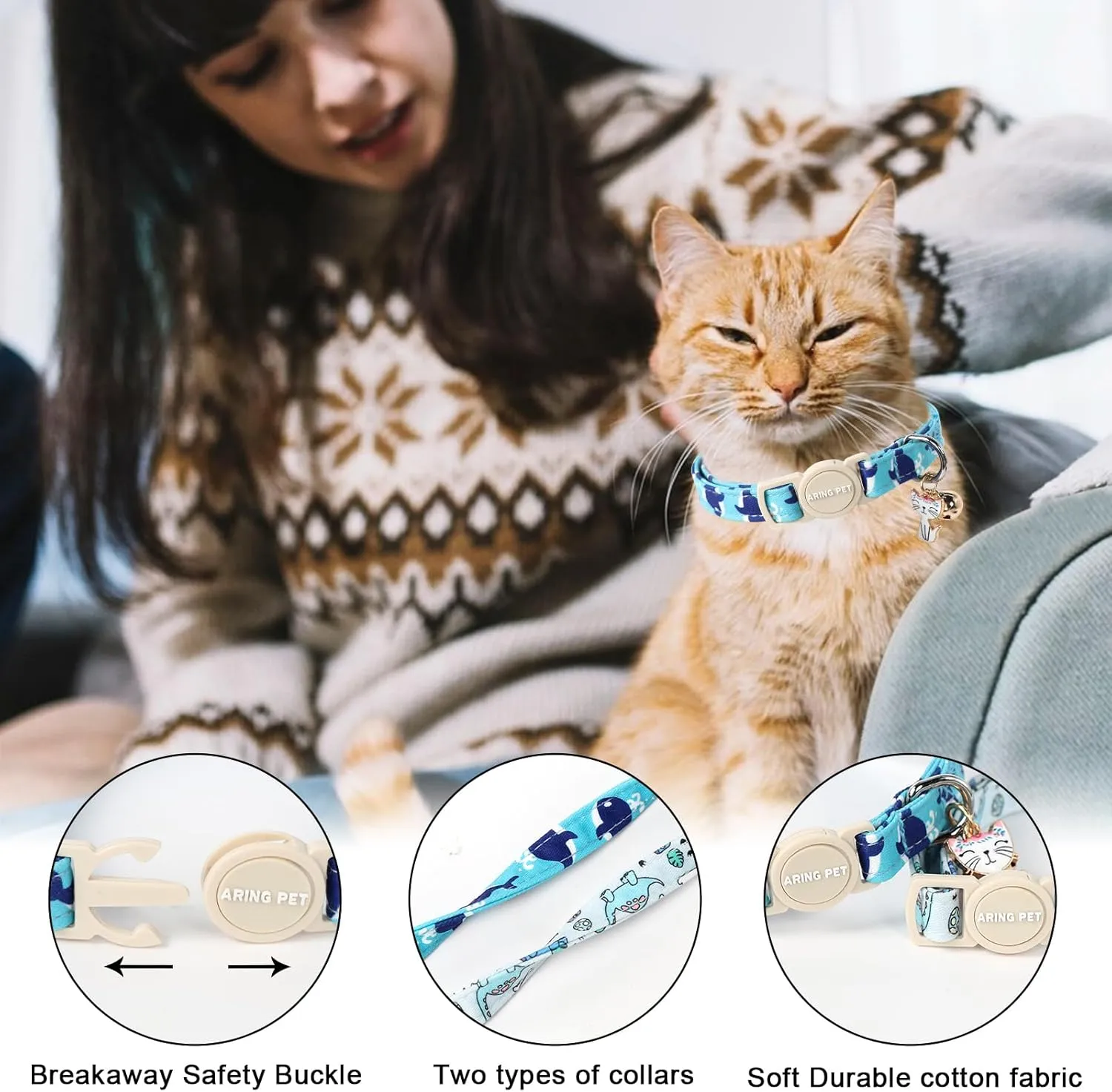 ARING PET 2 Pack Cat Collars-Cute Breakaway Cat Collar with Bell & Pendant, Adjustable Blue Whales&Dinosaur Pattern Kitten Collars with Safety Buckle for Girl and Boy Cats