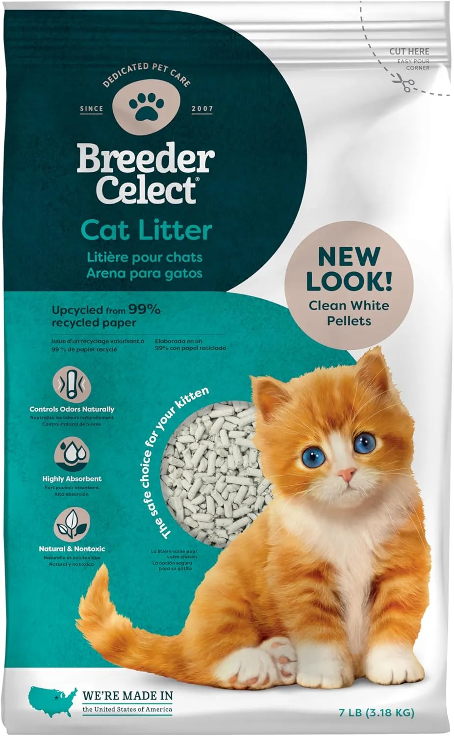 Breeder Celect | 99% Recycled Paper Cat Litter Pellets | Highly Absorbent | Odor Control | Controls Odors Naturally | Natural and Nontoxic | Low Dust and Easy to Clean | 7 lb Bag