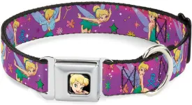 Buckle-Down Seatbelt Buckle Dog Collar - Tinker Bell Poses/Flowers/Stars/Skull Purple - 1" Wide - Fits 11-17" Neck - Medium