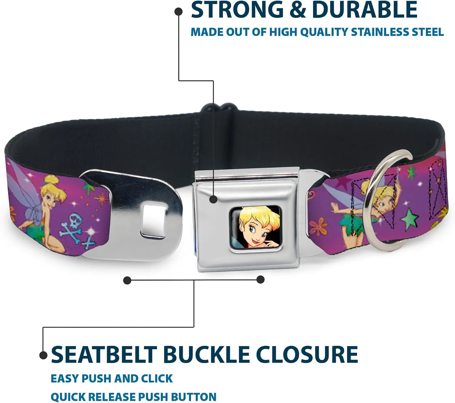 Buckle-Down Seatbelt Buckle Dog Collar - Tinker Bell Poses/Flowers/Stars/Skull Purple - 1" Wide - Fits 11-17" Neck - Medium