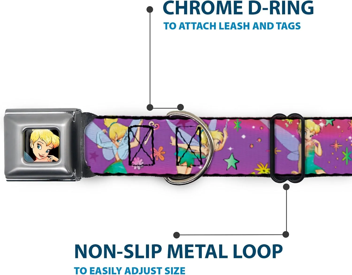 Buckle-Down Seatbelt Buckle Dog Collar - Tinker Bell Poses/Flowers/Stars/Skull Purple - 1" Wide - Fits 11-17" Neck - Medium