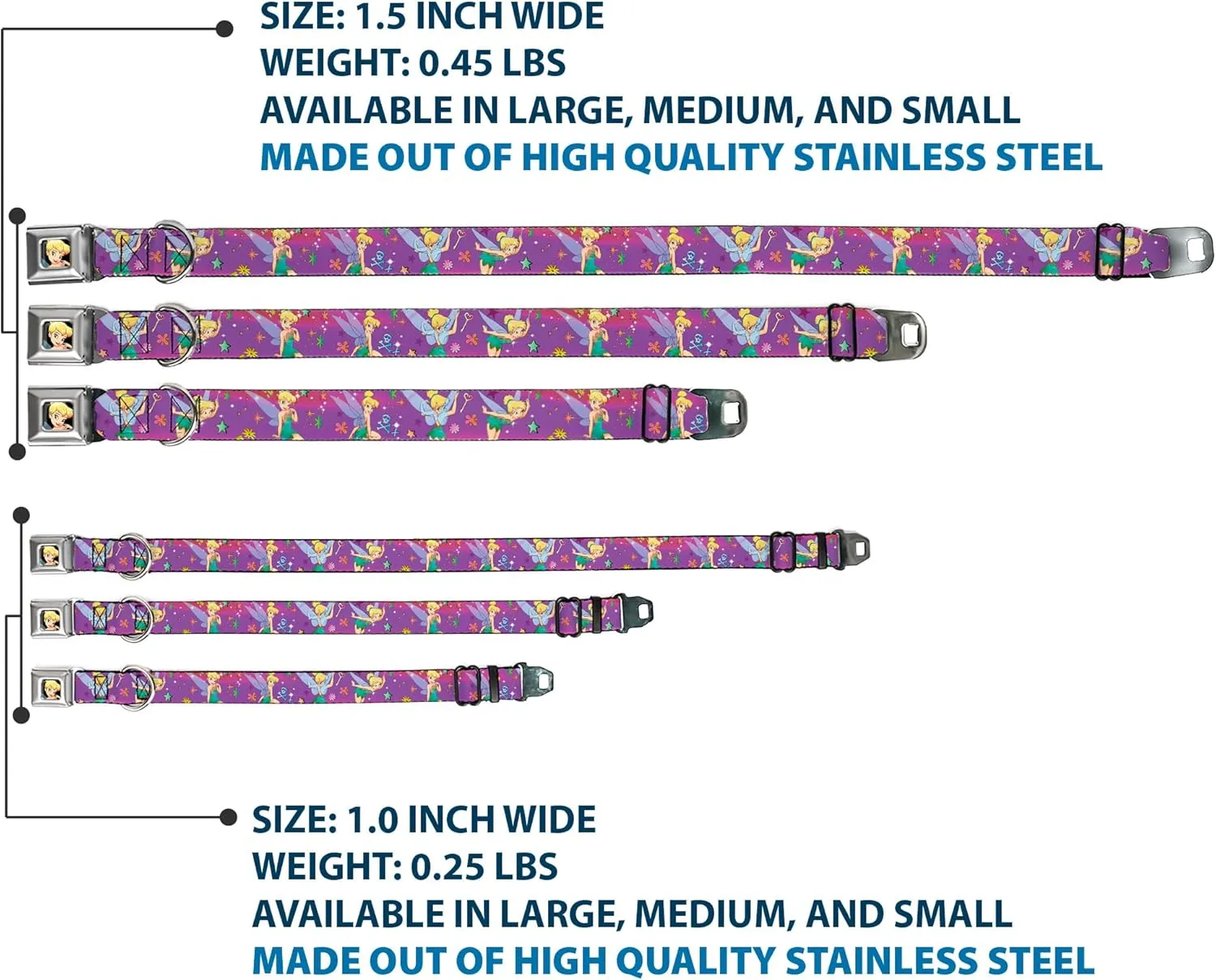 Buckle-Down Seatbelt Buckle Dog Collar - Tinker Bell Poses/Flowers/Stars/Skull Purple - 1" Wide - Fits 11-17" Neck - Medium