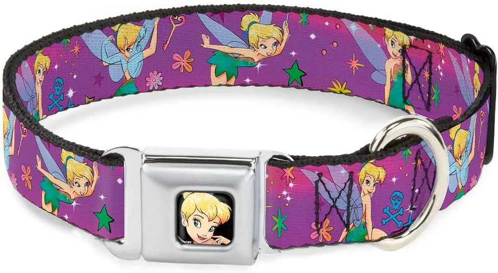 Buckle-Down Seatbelt Buckle Dog Collar - Tinker Bell Poses/Flowers/Stars/Skull Purple - 1" Wide - Fits 11-17" Neck - Medium