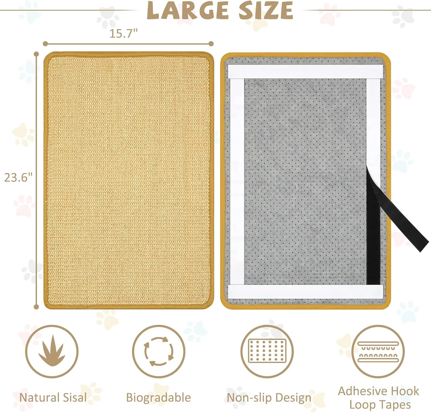 Carpet Cat Scratching Mat Sisal, 2 Packs Sisal Fabric Large 23.6" x 15.7" Cat Scratching Pad for Indoor Cats with Adhesive Hook Loop Tape, Cat Scratching Rug Wall Scratchers for Indoor Cats