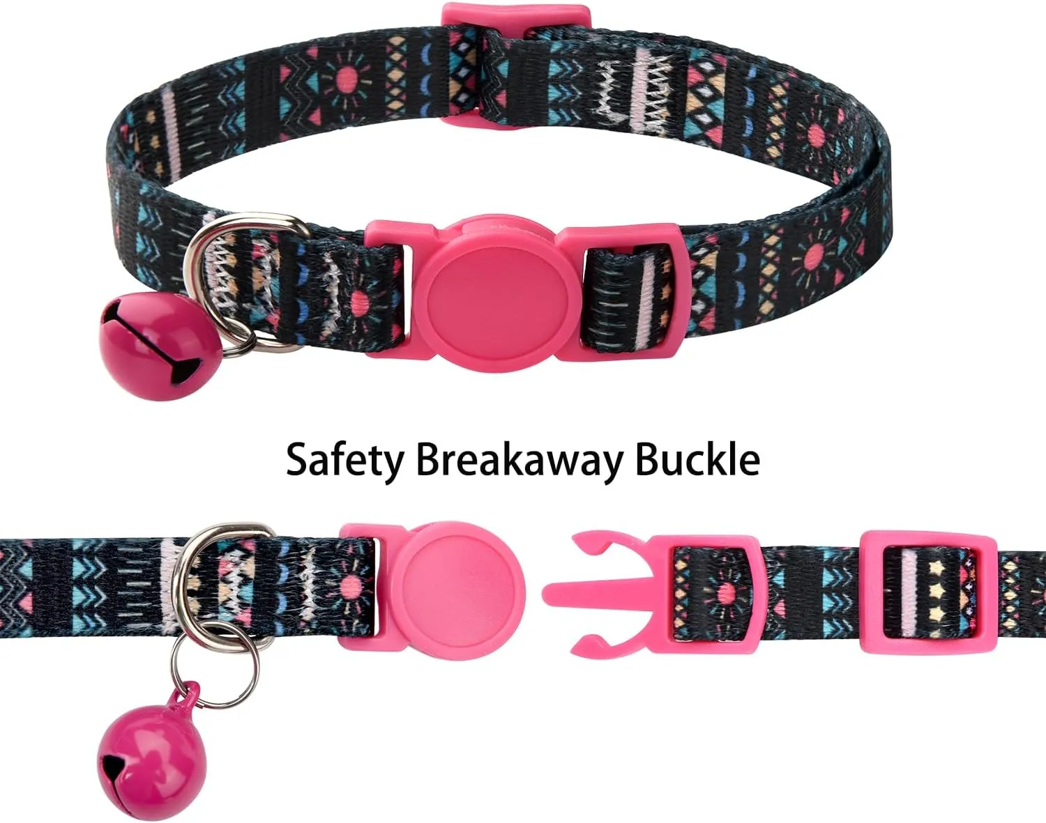 Cat Collar Breakaway with Bells, 3 Pack Girl Boy Pet Cat Collar with Bohemia Floral Tribal Geometric Patterns, Adjustable 7.5-12 Inch, with Safety Buckle for Kitten Cat(Set B)