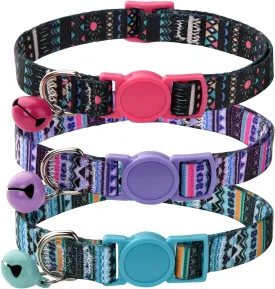 Cat Collar Breakaway with Bells, 3 Pack Girl Boy Pet Cat Collar with Bohemia Floral Tribal Geometric Patterns, Adjustable 7.5-12 Inch, with Safety Buckle for Kitten Cat(Set B)
