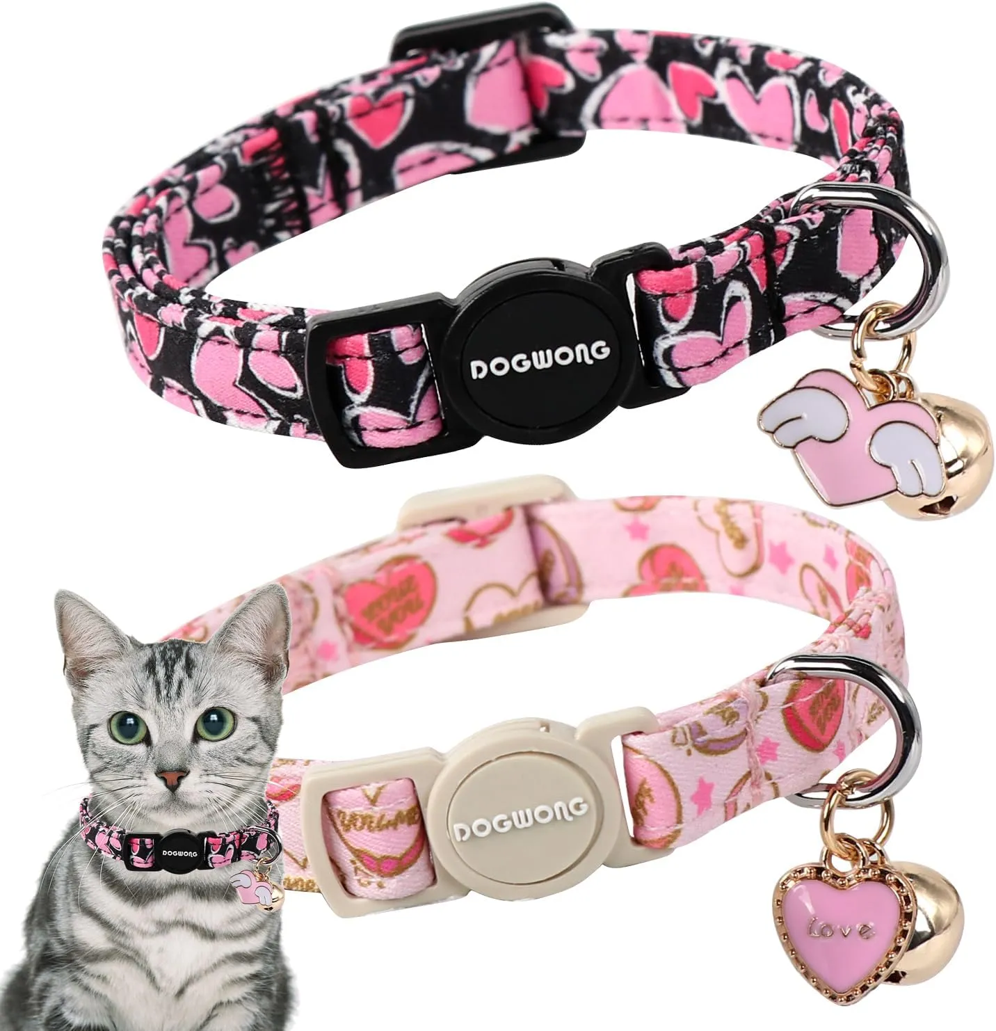 Cat Collar,2 Pack Cat Collars Breakaway with Bell, DOGWONG Safety Buckle Valentine's Day Cat Collar Pink Red Heart for Girl Boy Cats and Small DogsAdjustable 7-12 Inch,Pet Supplies Accessories