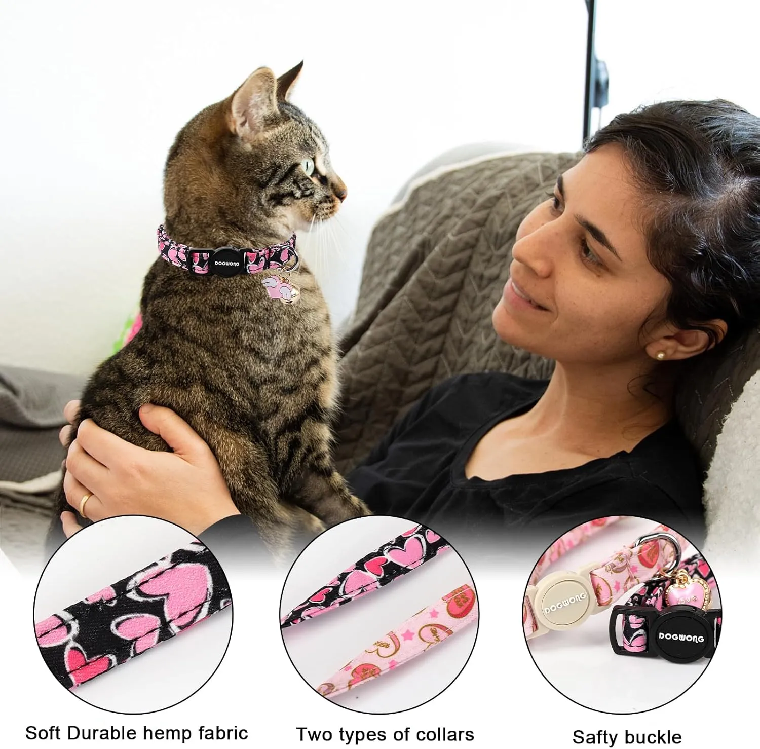 Cat Collar,2 Pack Cat Collars Breakaway with Bell, DOGWONG Safety Buckle Valentine's Day Cat Collar Pink Red Heart for Girl Boy Cats and Small DogsAdjustable 7-12 Inch,Pet Supplies Accessories