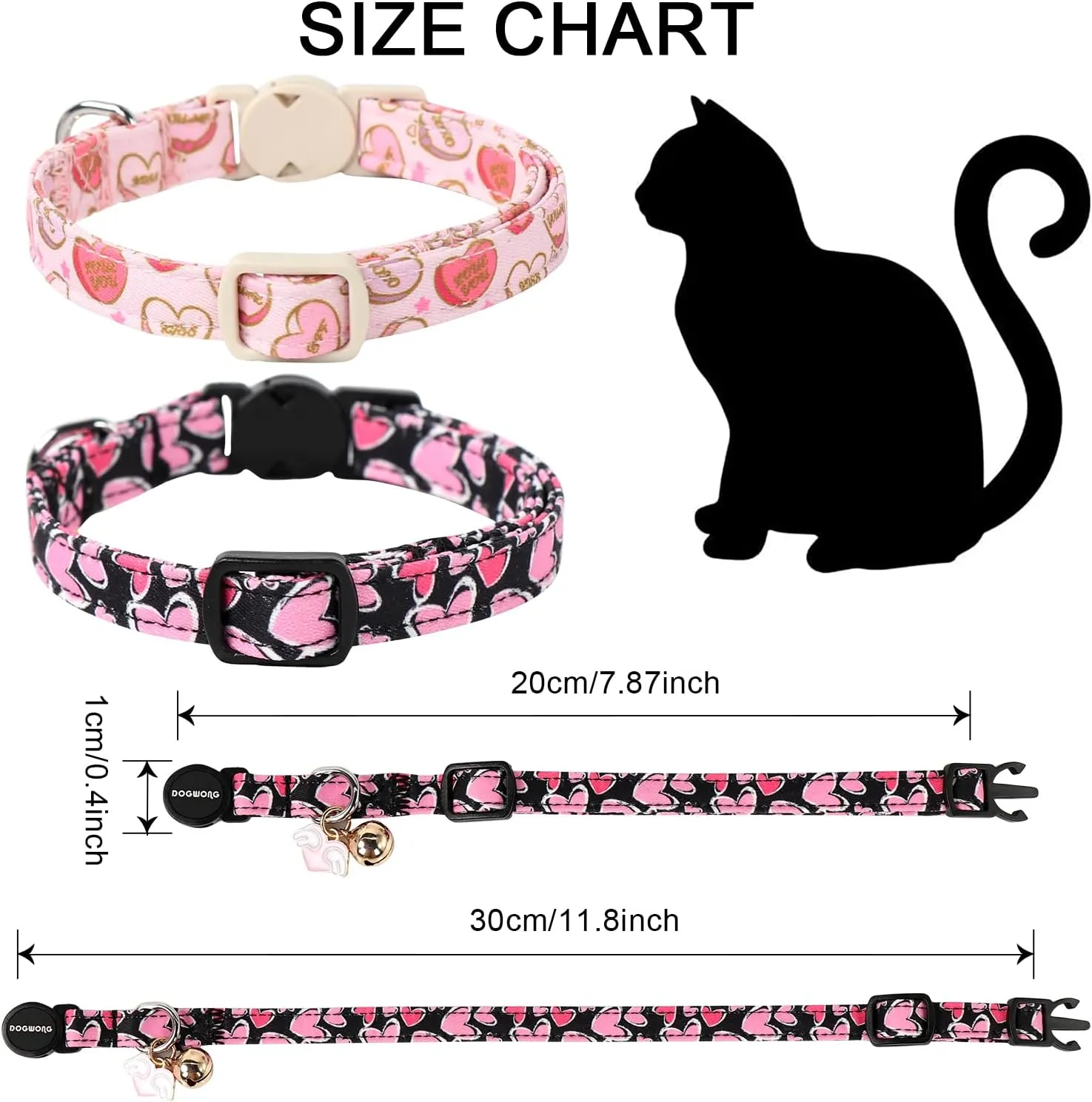 Cat Collar,2 Pack Cat Collars Breakaway with Bell, DOGWONG Safety Buckle Valentine's Day Cat Collar Pink Red Heart for Girl Boy Cats and Small DogsAdjustable 7-12 Inch,Pet Supplies Accessories