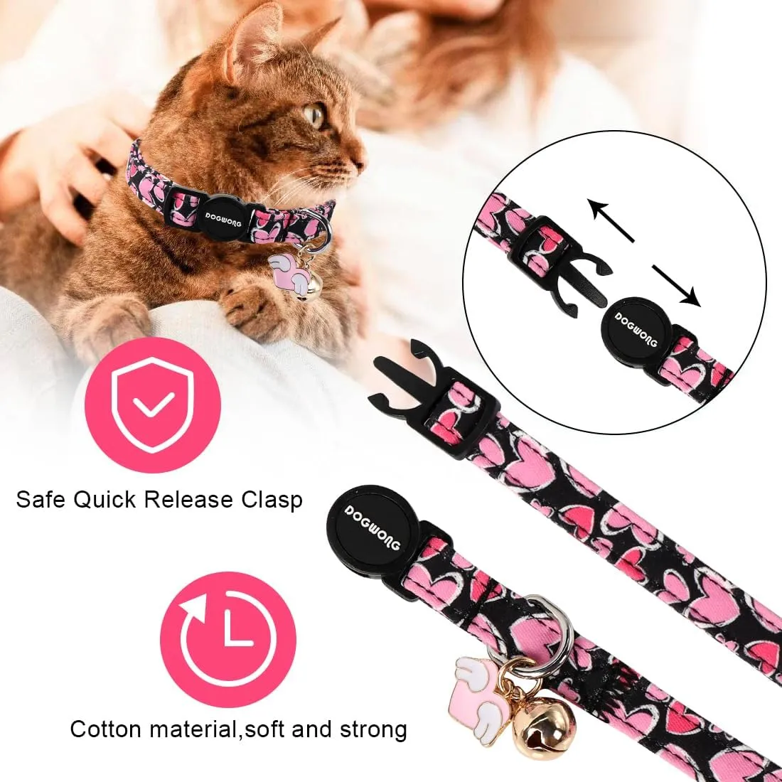 Cat Collar,2 Pack Cat Collars Breakaway with Bell, DOGWONG Safety Buckle Valentine's Day Cat Collar Pink Red Heart for Girl Boy Cats and Small DogsAdjustable 7-12 Inch,Pet Supplies Accessories