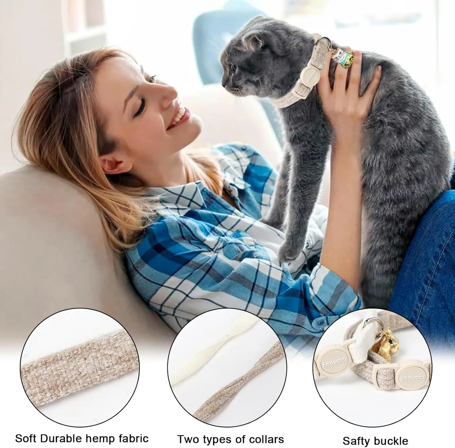 Cat Collar,2 Pack White Hemp Cat Collars Breakaway with Bell, DOGWONG Safety Buckle Wedding Cat Collar for Girl Boy Cats and Small DogsAdjustable 7-12 Inch,Pet Supplies Accessories