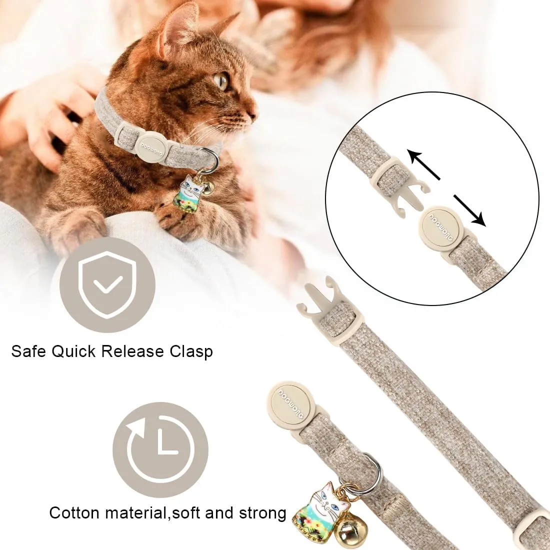 Cat Collar,2 Pack White Hemp Cat Collars Breakaway with Bell, DOGWONG Safety Buckle Wedding Cat Collar for Girl Boy Cats and Small DogsAdjustable 7-12 Inch,Pet Supplies Accessories