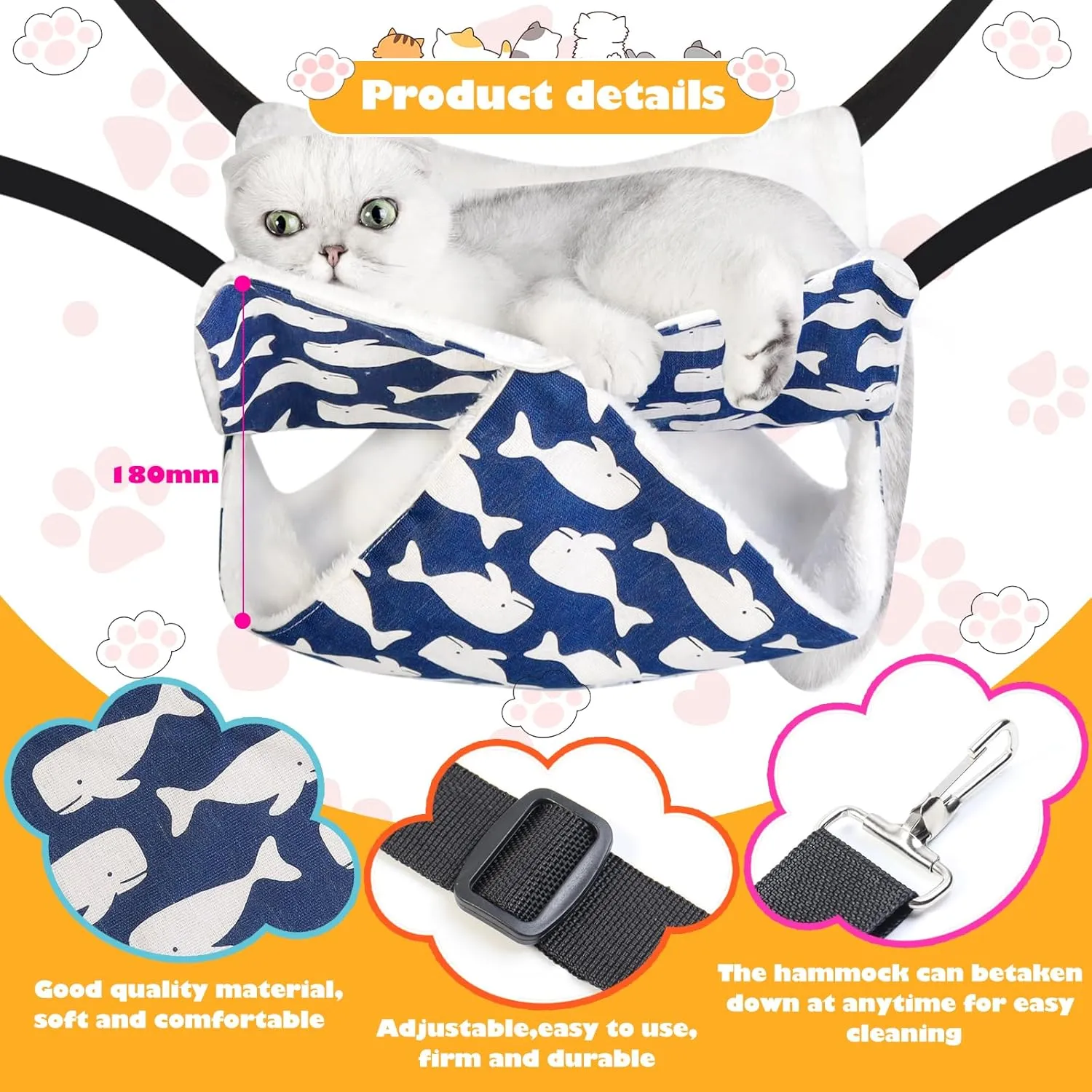 Cat Hammock for Cage Hanging Cat Bed with Adjustable Strap and Metal Hooks, for Winter and Summer Use - Small Animals Soft Sleeping Hammock Accessory
