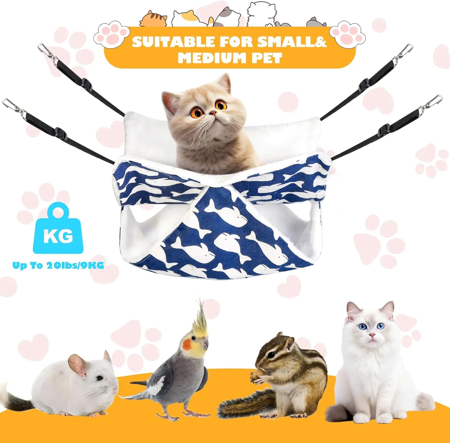 Cat Hammock for Cage Hanging Cat Bed with Adjustable Strap and Metal Hooks, for Winter and Summer Use - Small Animals Soft Sleeping Hammock Accessory