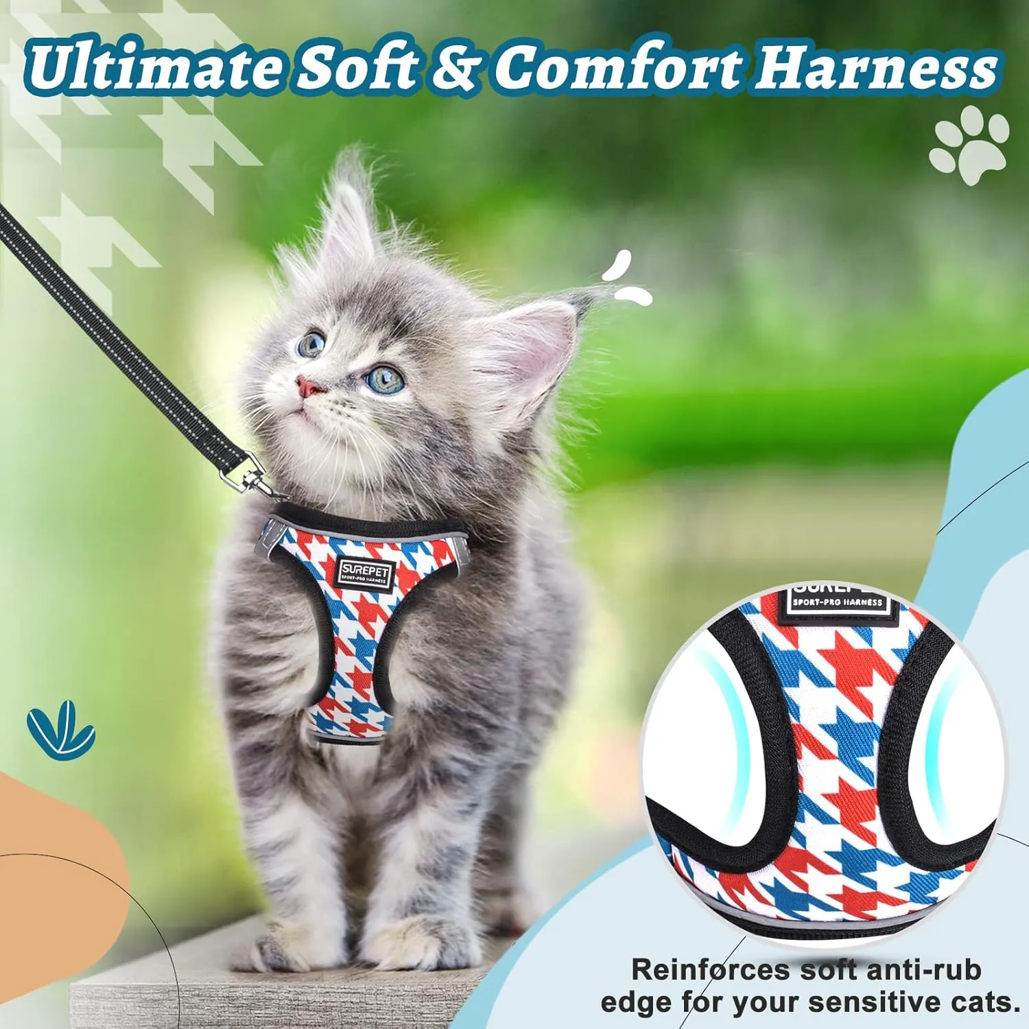 Cat Harness and Leash for Walking, Adjustable Soft Harness for Kitten Puppy Small Cats, Reflective Escape Proof Cats Vest Harness Easy Control for Travel Adventure