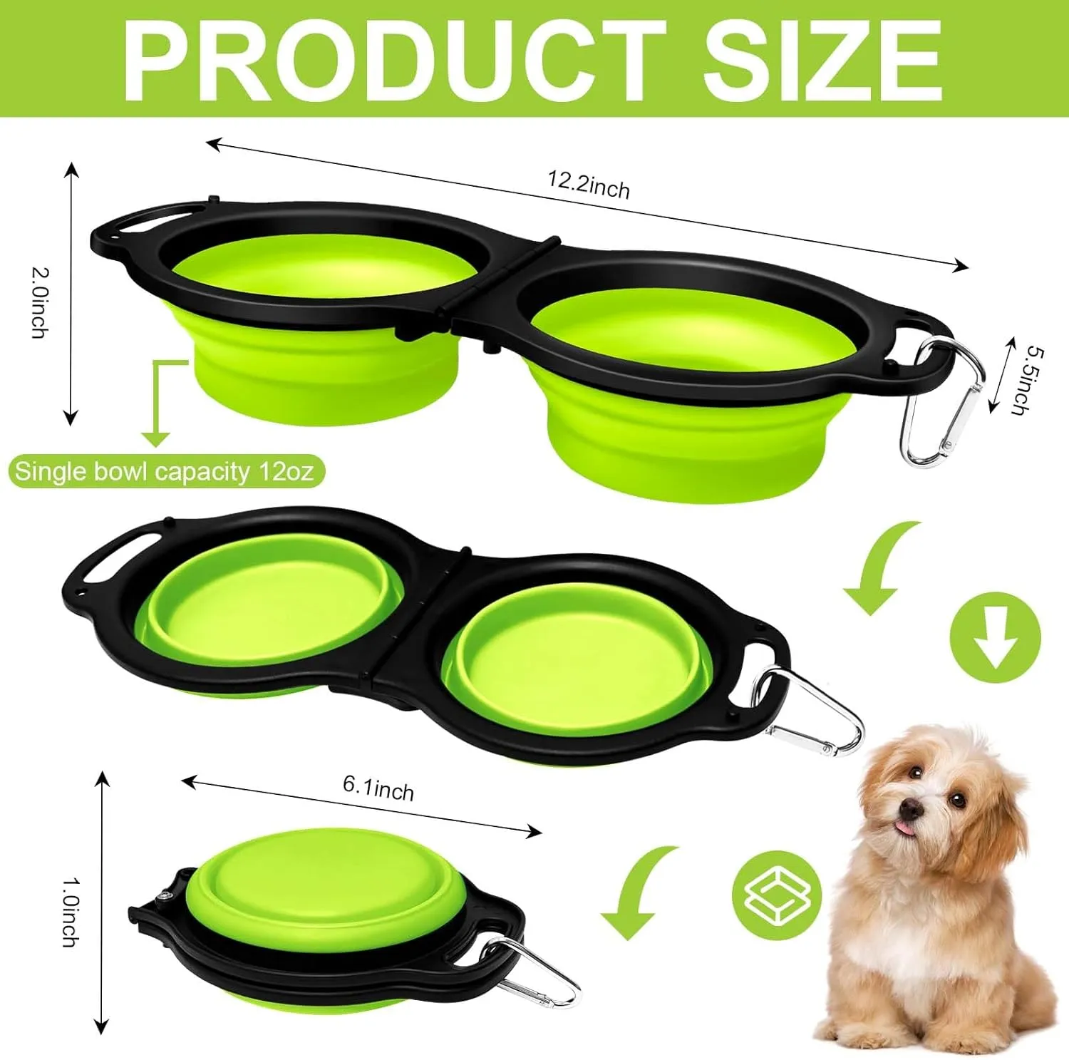 Collapsible Silicone Cat and Dog Travel Bowls,2 in 1 Foldable Pet Feeding and Watering Dish for Walking Camping Hiking with Carabiner (Green)