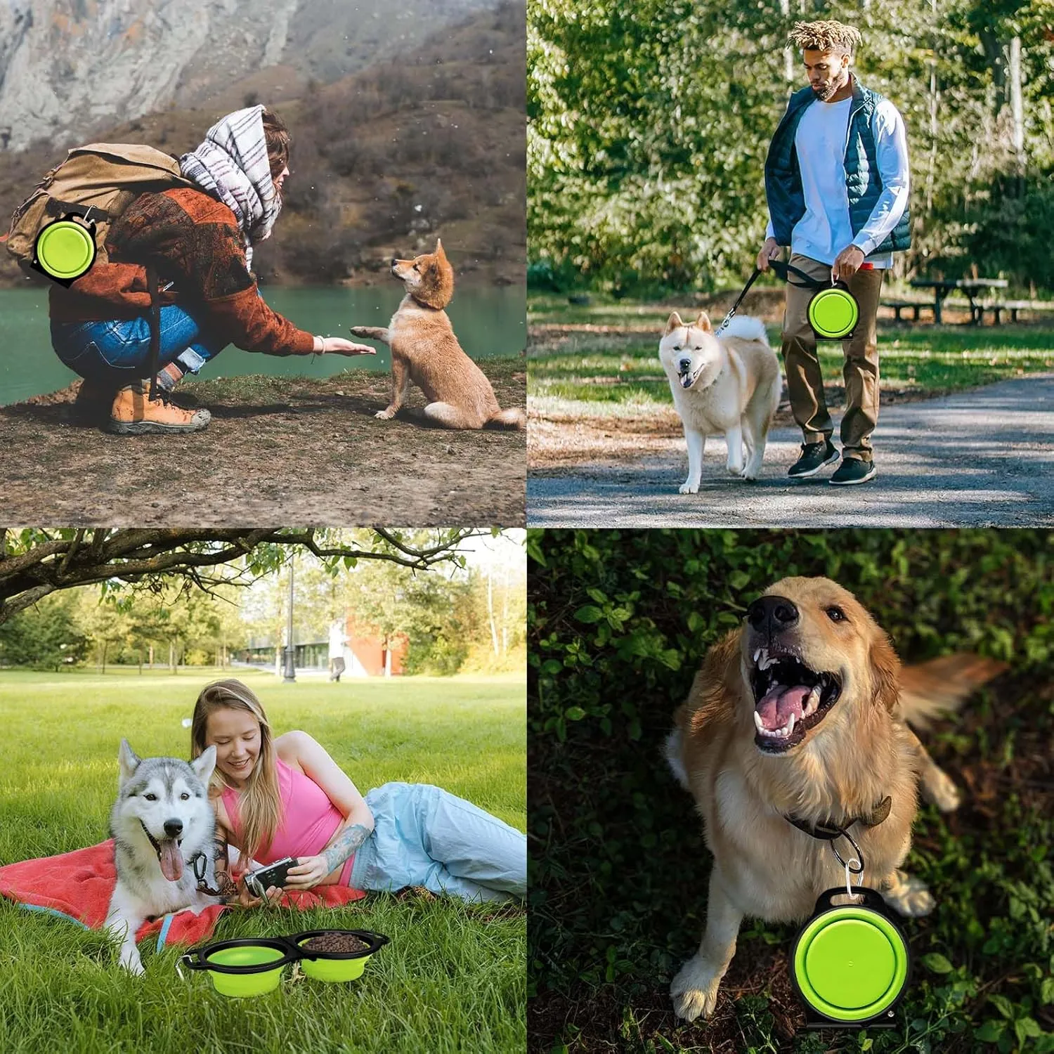 Collapsible Silicone Cat and Dog Travel Bowls,2 in 1 Foldable Pet Feeding and Watering Dish for Walking Camping Hiking with Carabiner (Green)