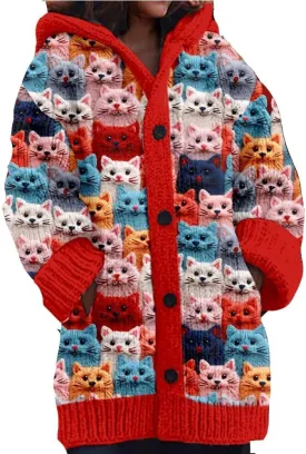 Cute Cat Pattern Knit Hooded Cardigan Cat Sweaters For Women Plus Size Cat Cardigan For Women Lover Gift
