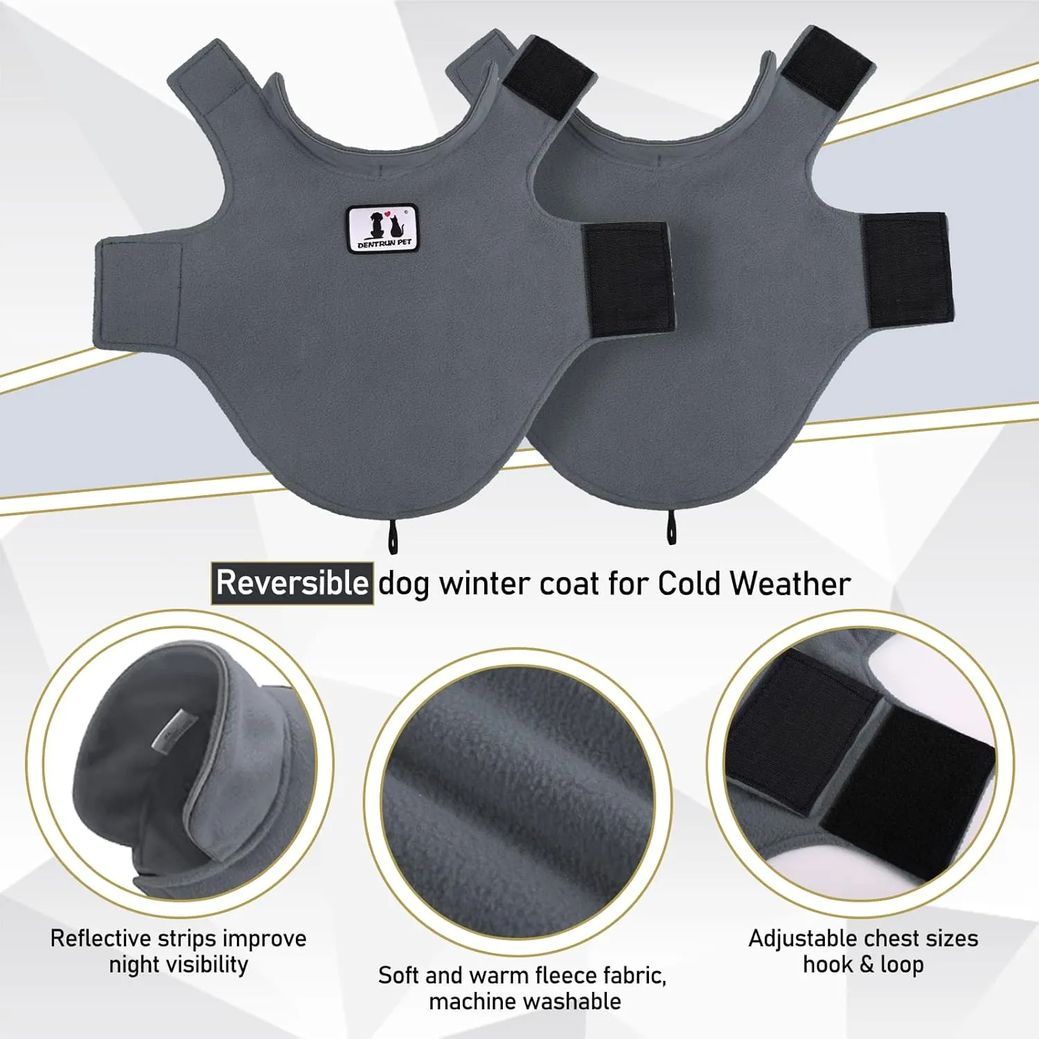 DENTRUN Windproof Winter Warm Fleece Large Dog Coat Reversible Puppy Jacket Reflective Soft Pet Vest, Cold Weather Dog Sweater Apparel Leash Access Overcoat for Large Breeds, Grey, XL