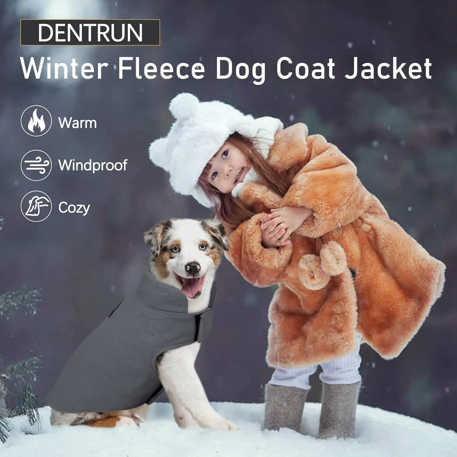 DENTRUN Windproof Winter Warm Fleece Large Dog Coat Reversible Puppy Jacket Reflective Soft Pet Vest, Cold Weather Dog Sweater Apparel Leash Access Overcoat for Large Breeds, Grey, XL