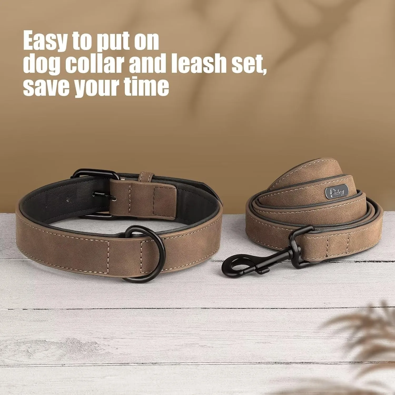 Didog Soft Padded Leather Dog Collar and Leash Set, Heavy Duty Dog Leash and Collar Set with Metal Buckle, Breathable Dog Collars with 4FT Leather Dog Leash for Small MediumDogs, Brown, M
