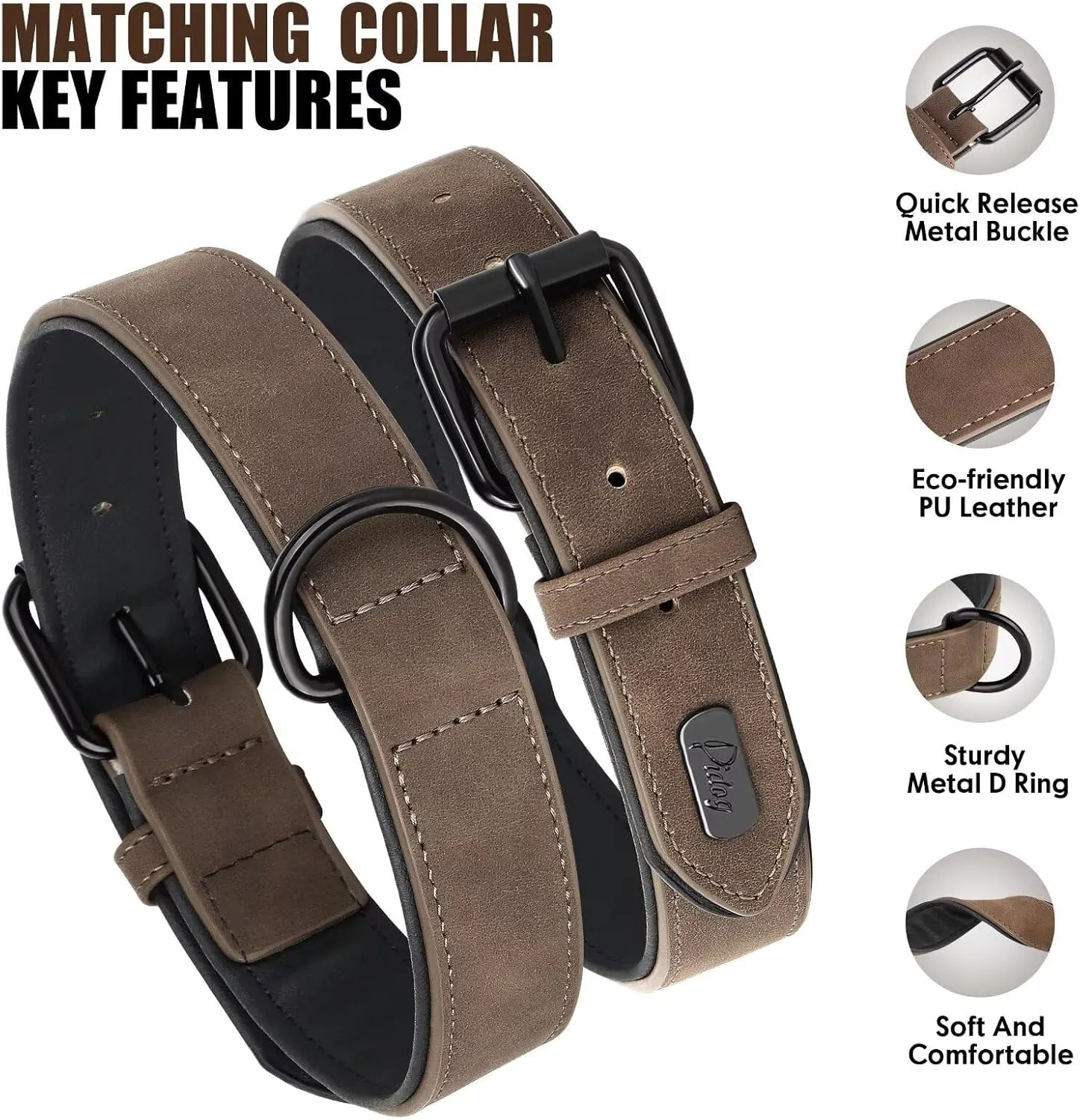 Didog Soft Padded Leather Dog Collar and Leash Set, Heavy Duty Dog Leash and Collar Set with Metal Buckle, Breathable Dog Collars with 4FT Leather Dog Leash for Small MediumDogs, Brown, M
