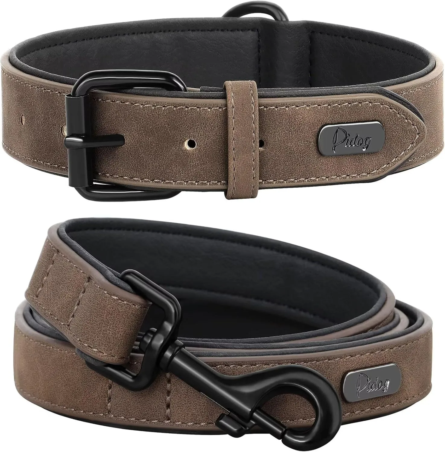 Didog Soft Padded Leather Dog Collar and Leash Set, Heavy Duty Dog Leash and Collar Set with Metal Buckle, Breathable Dog Collars with 4FT Leather Dog Leash for Small MediumDogs, Brown, M
