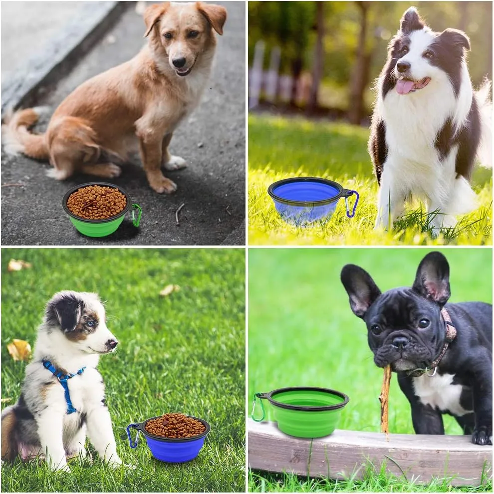 Dog Bowl Pet Collapsible Bowls, 2 Pack for Cats Dogs, Portable Pet Feeding Watering Dish for Walking Parking Traveling with 2 Carabiners (Small, Blue Green)