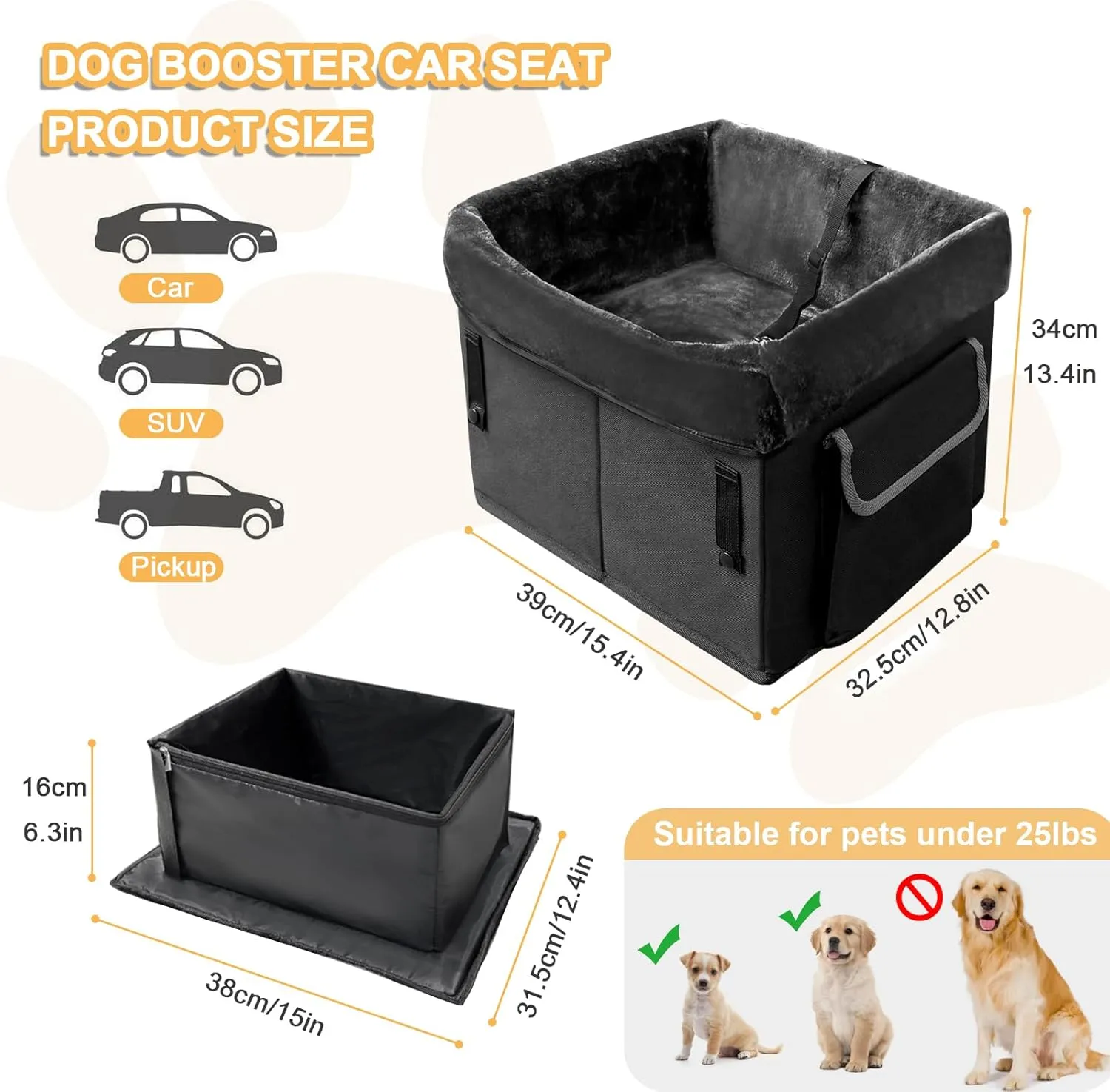 Dog Car Seat Small/Medium Dog,Pet Car Travel Bed,Puppy Safety Booster Seat with Storage Pockets Leash, Adjustable Strap for Small/Medium Pet Under 25Lbs(Black)