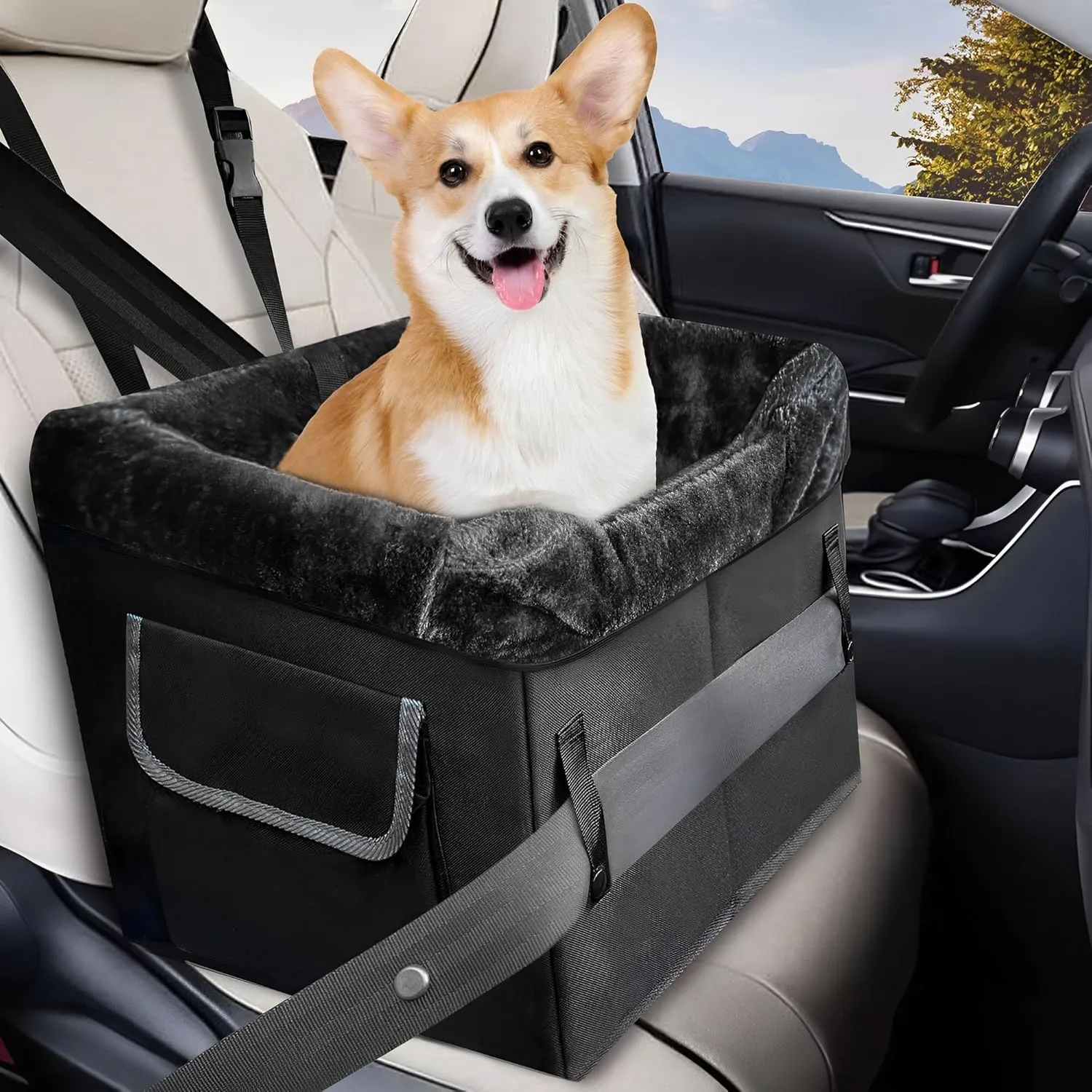 Dog Car Seat Small/Medium Dog,Pet Car Travel Bed,Puppy Safety Booster Seat with Storage Pockets Leash, Adjustable Strap for Small/Medium Pet Under 25Lbs(Black)