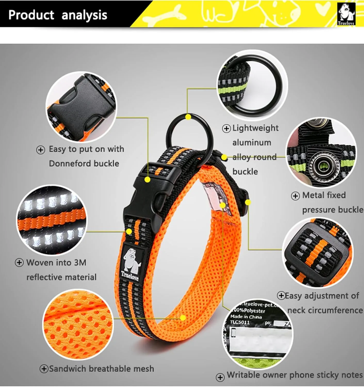 Dog Collar Reflective Premium Duraflex Buckle,High Grade Nylon Webbing No Choke Basic Collars Truelove TLC5011(Black,S)