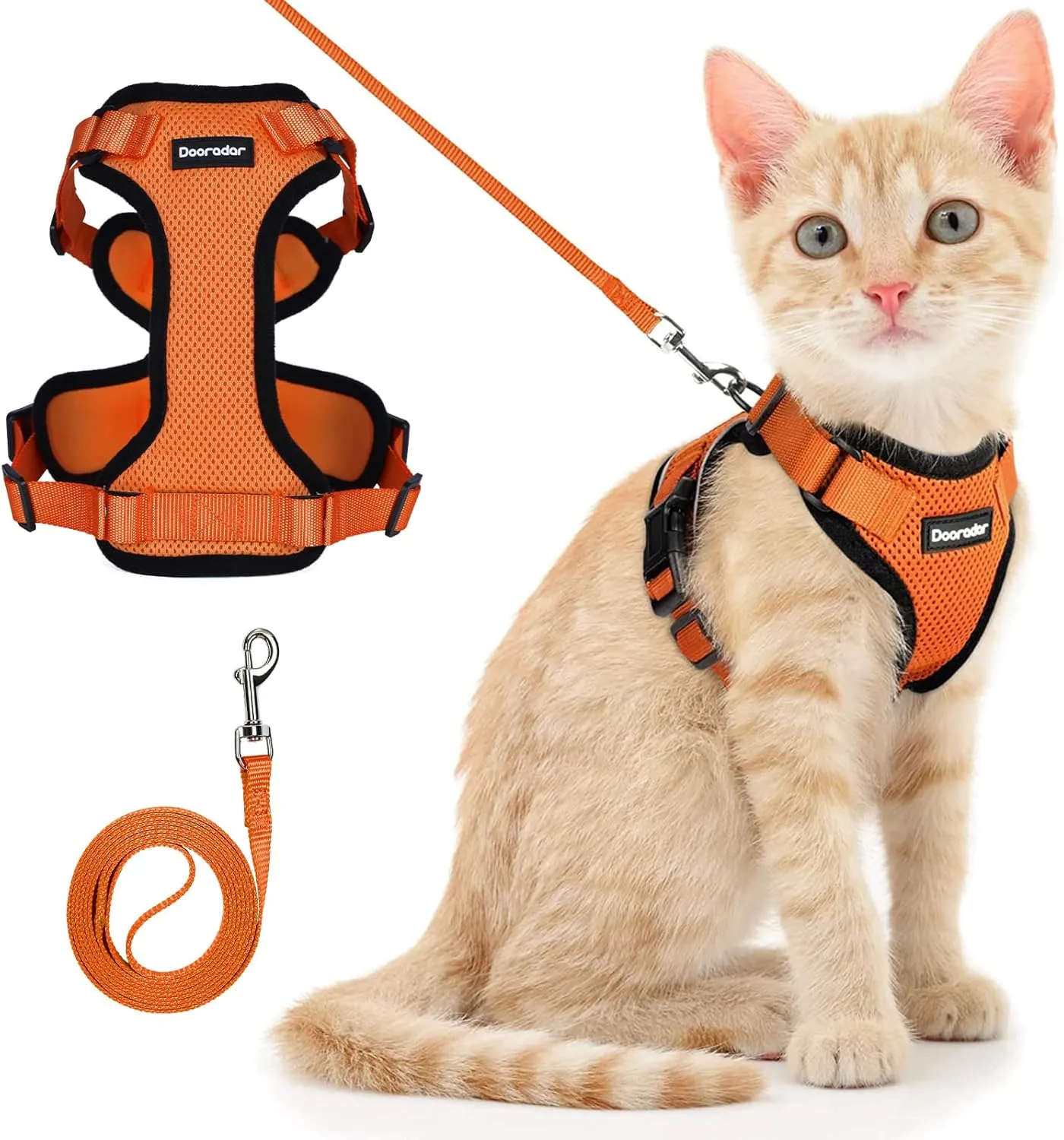 Dooradar Cat Harness and Leash Set, Escape Proof Safe Adjustable Kitten Vest Harnesses for Walking, Easy Control Soft Breathable Mesh Jacket with Reflective Strips for Cats, Orange, XS