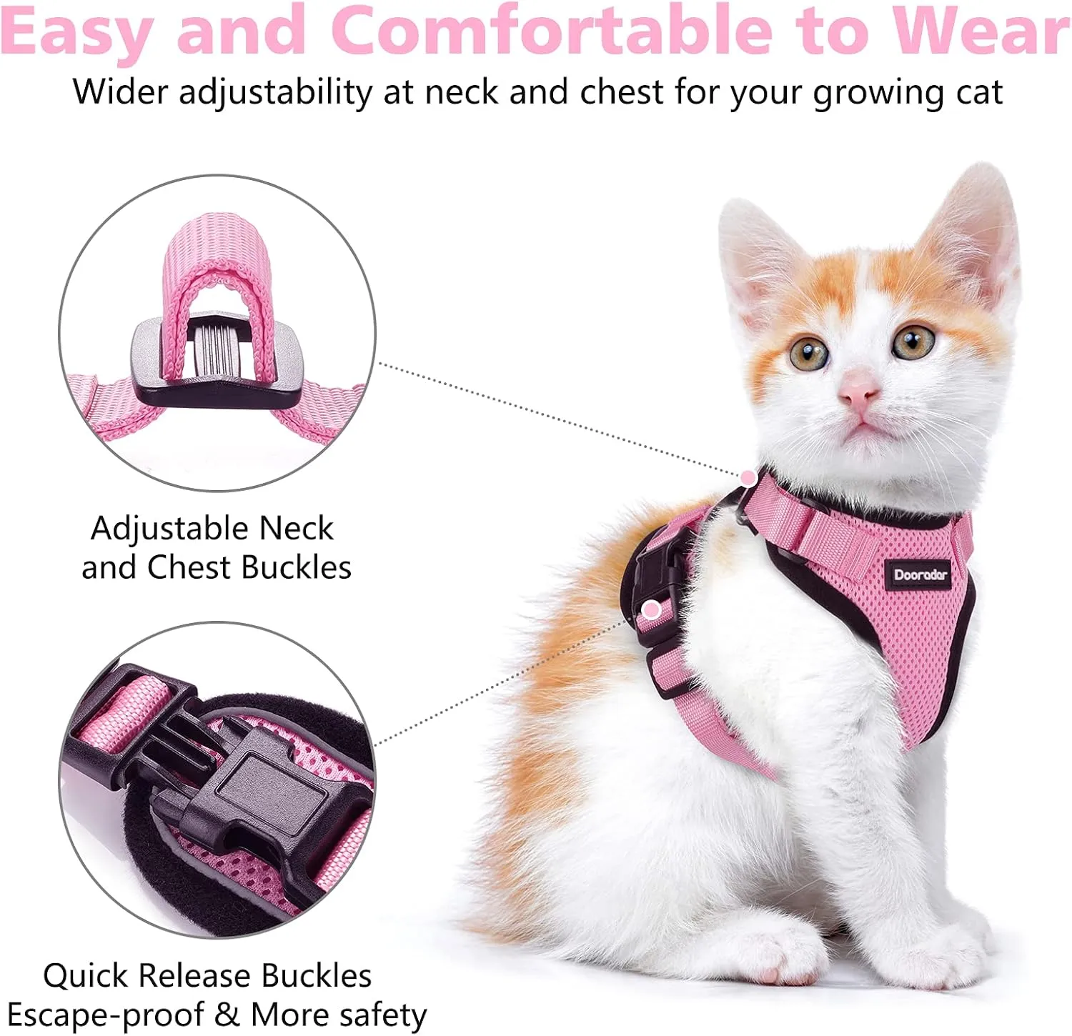 Dooradar Cat Harness and Leash Set, Escape Proof Safe Adjustable Kitten Vest Harnesses for Walking, Easy Control Soft Breathable Mesh Jacket with Reflective Strips for Cats, Pink, XS